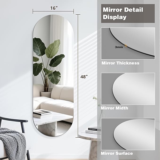 Niccy 48"×16" Frameless Oval Full Length Mirrors, Long Wall-Mounted Mirror for Living Room, 4mm Ultra-Clear Large Body Mirror, Explosion-Proof Hanging Wall-Mirror for Bathroom Bedroom Entryway