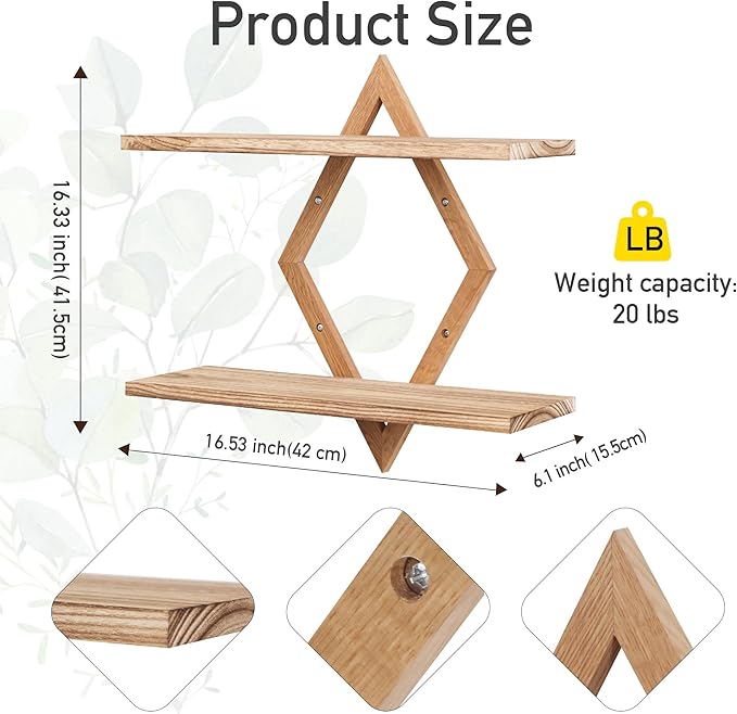 Floating Shelves for Wall,Decorative Wall Shelf,2 Tier Hanging Shelf for Plants Storage Display Holder,Indoor Decor for Living Room Home Office Bathroom Bedroom,Solid Wood,Diamond Shaped,2 Pack