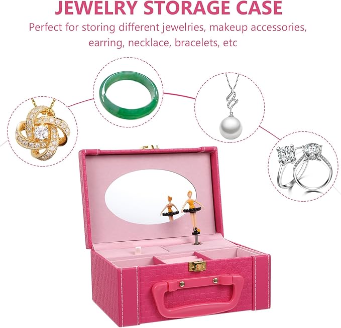 Princess Jewelry Box with Music Pink Leather Jewelry Storage Organizer and Makeup Case for Women’s Travel and Home Use