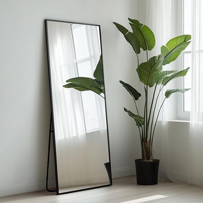 Sunniry Floor Length Mirror, Wall Mirror Full Length with Aluminum Metal Frame, Floor Mirrors for Nursery, Baby Room, Bathroom, Entryway. (48x16 inch, Black)