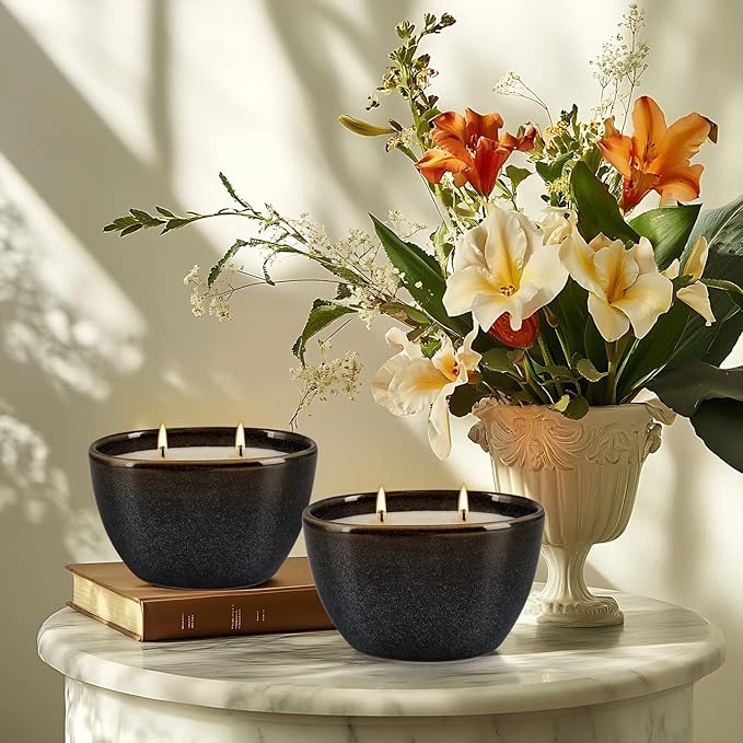2-Pack Black Ceramic Citronella Scented Candles – Dual-Wick, All-Natural Wax, Decorative Geometric Design for Indoor/Outdoor Ambiance