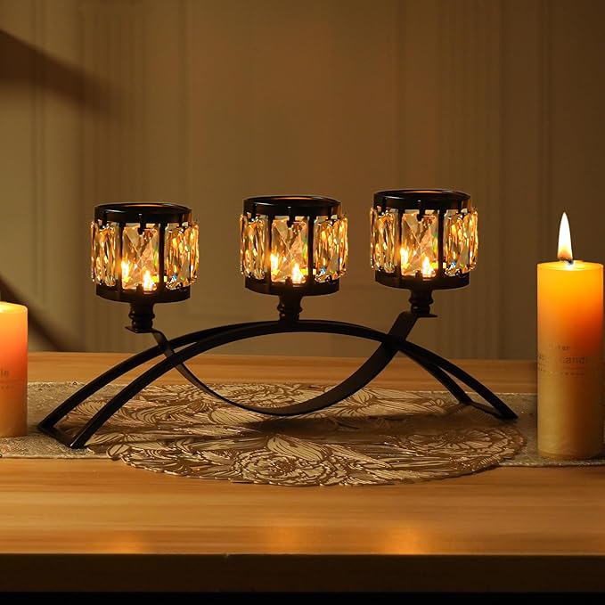 Black 3-Arm Crystal Candle Holders Arched - Elegant Tabletop Candelabra Centerpiece for Weddings, Dining Room Decor, Modern Home & Cabinet Display for & Housewarming