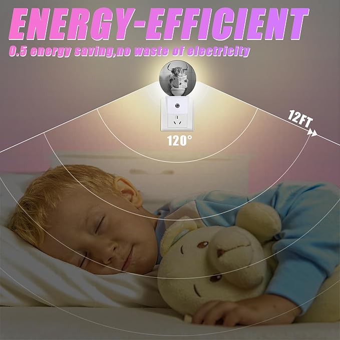 Highland Cow Night Light LED Lamp Round Plug into Wall Nightlight with Dusk to Dawn Sensor Home Hallway Stairway Bathroom Decor