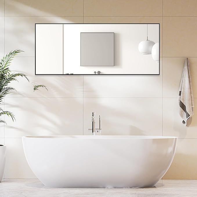 OLIXIS 64"x 21.5" Mirror Full Length, Full Body Mirror with Stand, Hanging or Leaning for Wall, Floor Standing with Shatter-Proof Glass for Bedroom, Living Room, Long, Black