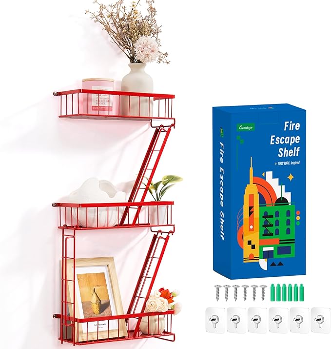 SweetSage Fire Escape Wall Shelf Red - New York Wall Art Decorative Figure Display Floating Shelves Metal Racks for Living Room, Home Office Storage (3-Tier)