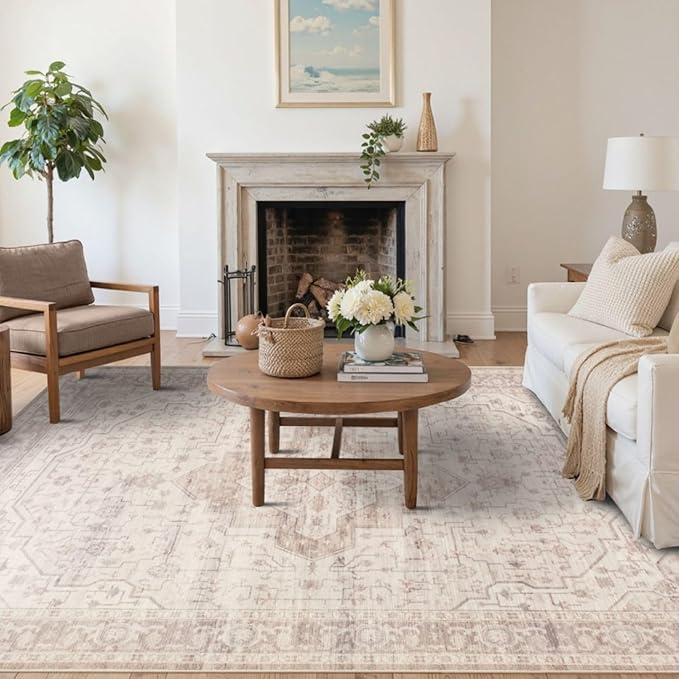 Rugxara 5x7 Soft Pink Washable Area Rug for Living Room & Bedroom, for Girls Women, Non Slip, Durable Low Pile Carpet, Vintage Carpets for Office, Dining Room, Kids Room and Farmhouse