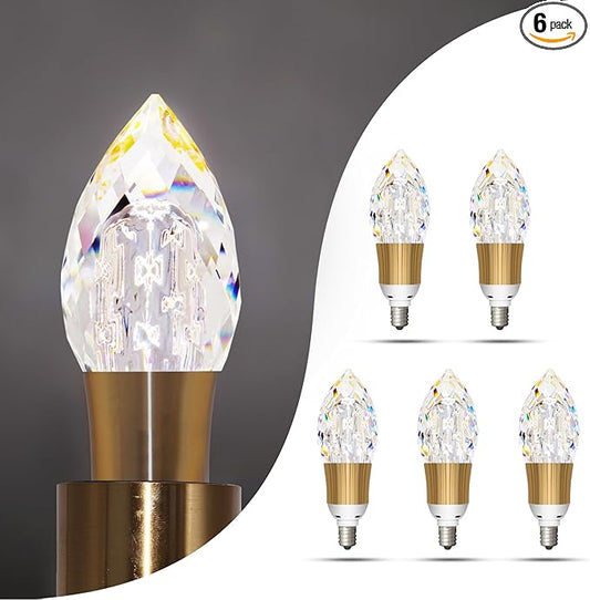 6pcs Acrylic Decorative E12 LED Light Bulbs 5w Equivalent 30 watt, Unique Fancy Light Bulb Soft White 6500k,Non-dimmable Lightbulbs for Living Room Dining Room,150 Lumens (B024-White-6500k, 6pcs)