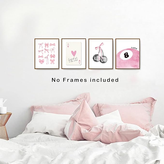okaxscm Pink Coquette Trendy Preppy Wall Art Prints Set of 4, Coquette Room Decor, Preppy Room Decor Aesthetic, Pink Bow Disco 8 Ball Cherry Wall Decor Posters for Girls Bedroom Dorm, 8x10 Unframed