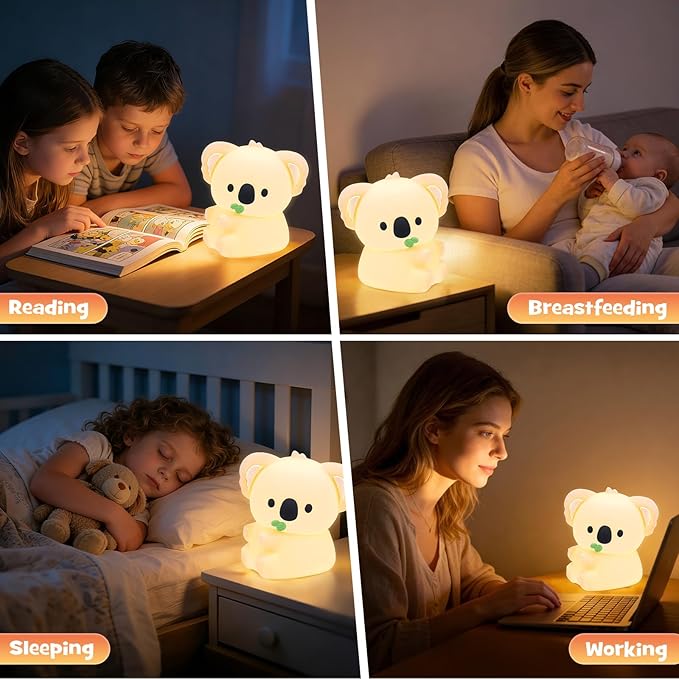 Koala Night Light Squishy Silicone Nursery Breastfeeding Nightlight with Timer 3-Level Warm White & RGB Color Modes Cute Koala Lamp Rechargeable Touch Bedside Desk Animal Lamp for Bedroom Dorm Decor