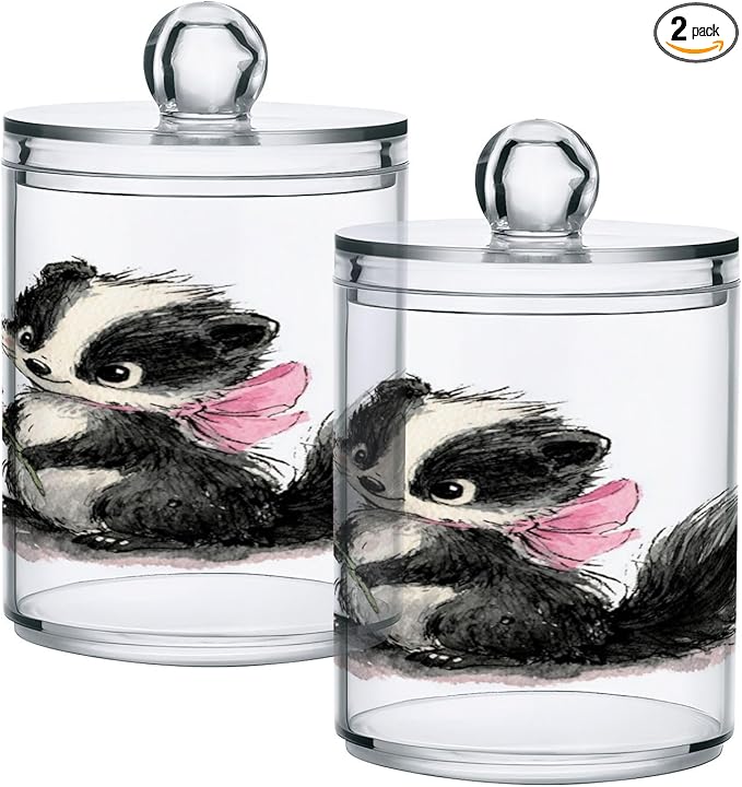 2 Pack Apothecary Jars,Cute Skunk Holding Flower Bathroom Vanity Storage Organizer Set,Small Clear Plastic Storage Jars Bathroom Canister for Cotton Swabs,Rounds,Balls,Qtips,Makeup Sponges