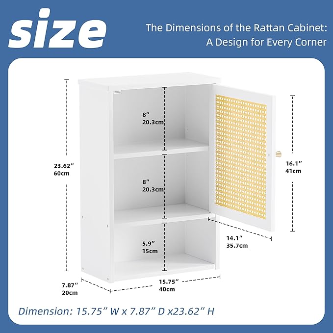 HITNET Medicine Cabinet, Rattan Bathroom Wall Cabinet Over Toilet, Bamboo Space Saver Storage Organizer with Door and Shelf for Living Room, Kitchen, Entryway, White