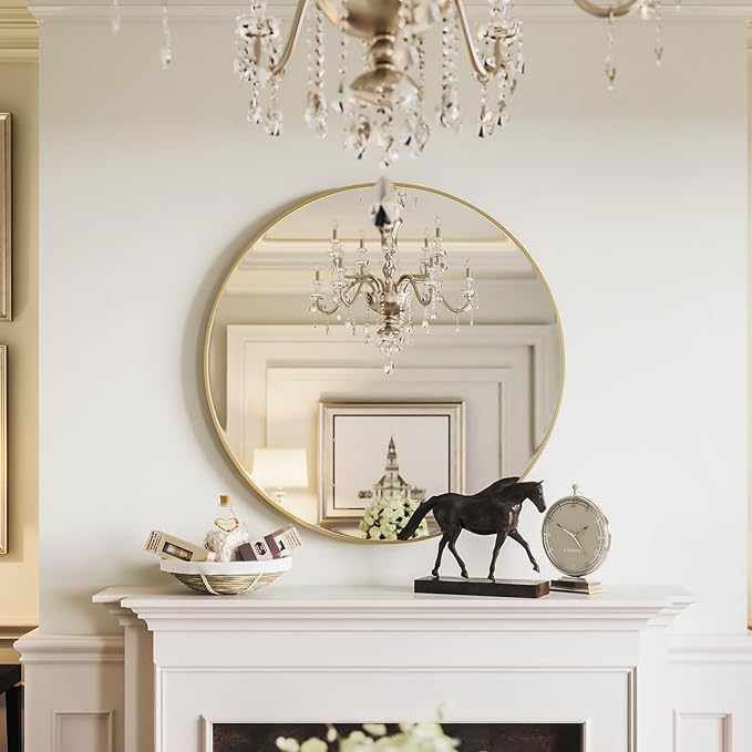 Gold Round Mirror, 24 inch Round Bathroom Mirror, Gold Circle Mirror for Bathroom, Wall Decor for Living Room, Entry Way, Bedroom, Metal Framed