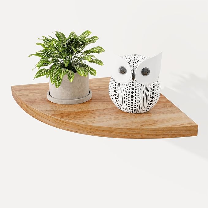Fun Memories Corner Shelf Wall Mount, Solid Oak Wood Floating Corner Shelves with Cable Hole, 10in Rustic Design for Bedroom, Bathroom, Kitchen, Living Room (Natural, 1 Pack)