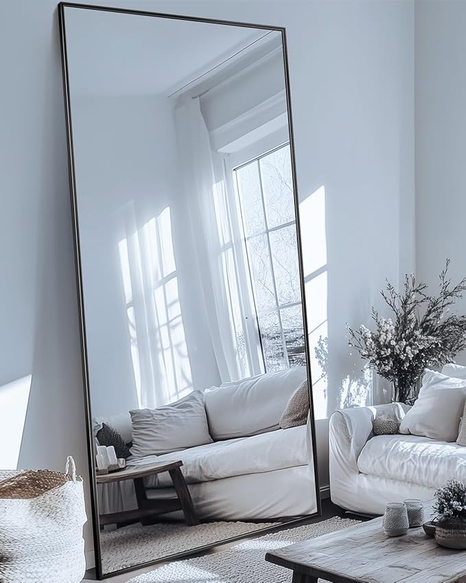 Antok Full Length Mirror, 78"x38" Floor Mirror with Stand, Hanging Mounted Mirrors for Bedroom, Living Room, Cloakroom, Dining Room, Black, Rect