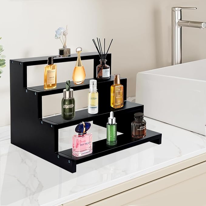 Cologne organizer for men 4 Tier Wooden Cologne Display Organizer Stand Waterproof Anti-Slip Cologne Shelf for Perfume Fragrance Makeup Figures Cupcake Dessert Black Wood Display Stand Riser