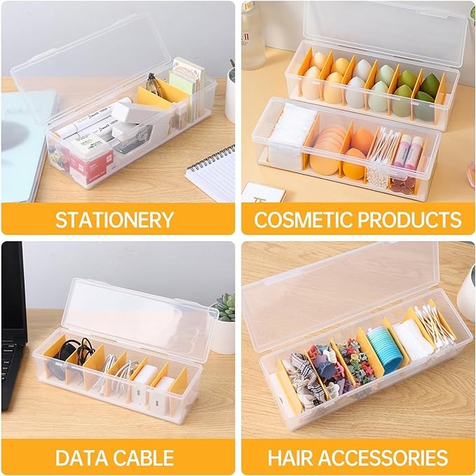 PAVSTINE 2 Pack Clear Cable Organizer Box with Lid, Plastic Charger Cable Cord Storage Organizer, Office Desk Organizers, Multifunctional Accessories Storage for Home Drawer Office, Stackable