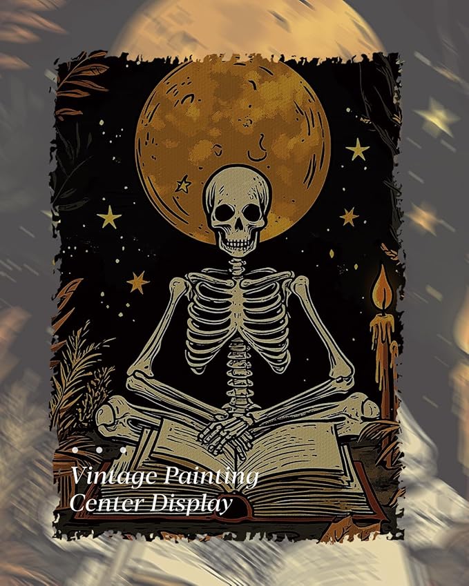 HUARCEY Gold Framed Canvas Wall Art, Skeleton Reader Tarot Picture Decor, Library Reading Room School Decor, Book Lover Witchy Gothic Halloween Canvas Paintings, 12x16inch