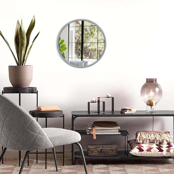 JJUUYOU Wall Round Mirror Wall Mounted Circle Mirrors, Gray Metal Aluminum Alloy Frame Mirror for Bathroom Vanity, Bedroom Home Decor Mirros