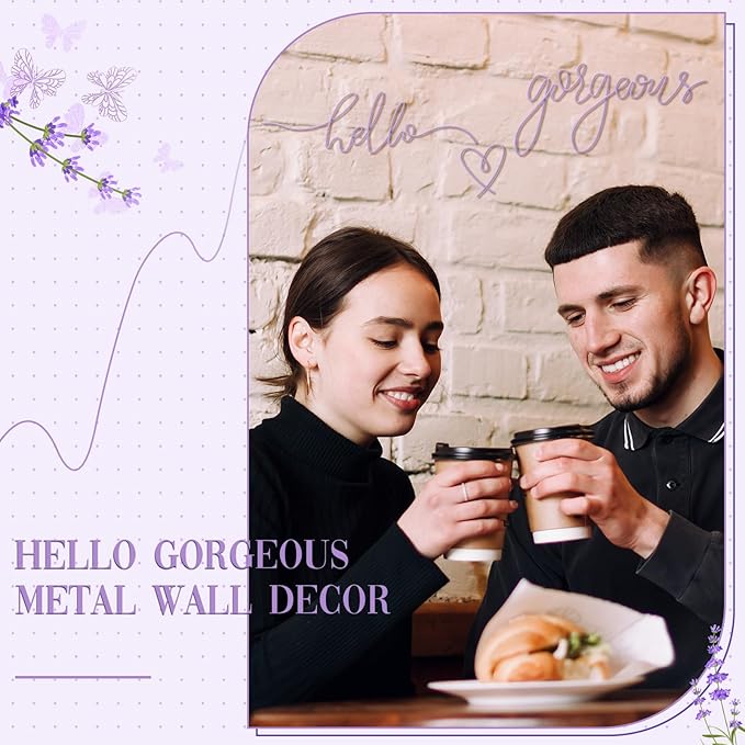 Hicarer Hello Gorgeous Metal Wall Art Decor Minimalist Decoration Metal Hello Gorgeous Decorative Sign for Living Room Office Bedroom Hotel Home Wall Decoration(Purple,Classic Style)