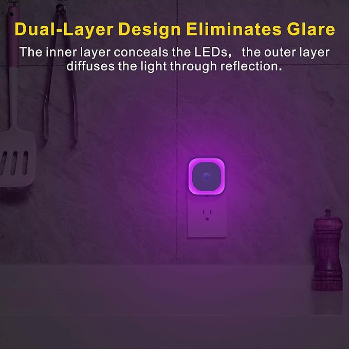 YUNLEX 2 Pack Plug in Night Light with Motion Sensor & Dusk to Dawn Sensor, 3 Sensor Modes, Purple Night Lights Plug into Wall, Dimmable Calming Glow for Meditation, Relaxation, Bathroom, Bedroom