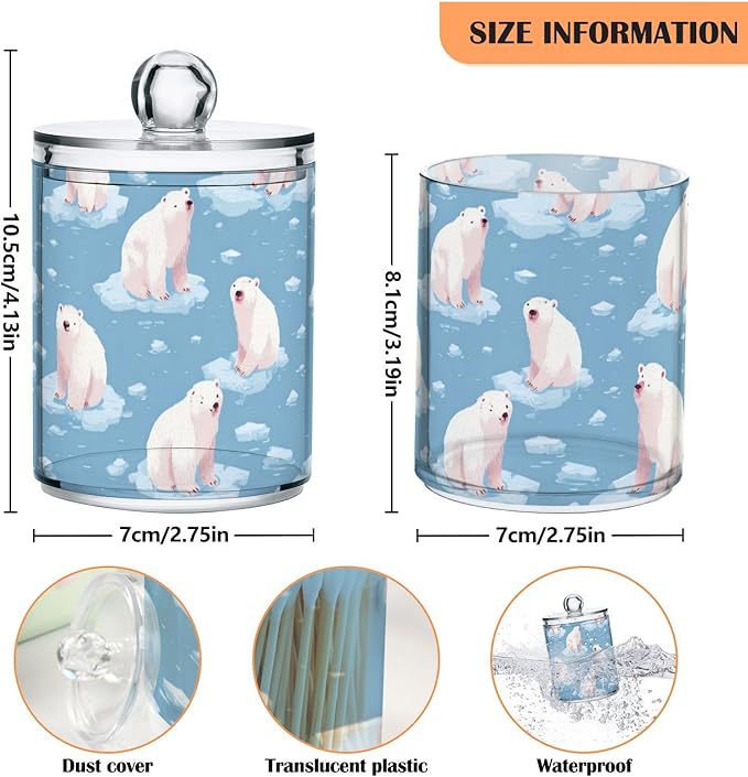 2 Pack Apothecary Jars Winter Blue Polar Bear Bathroom Vanity Storage Organizer Set,Small Clear Plastic Storage Jars Bathroom Canister for Cotton Swabs, Rounds, Balls, Qtips,Makeup Sponges, Flo