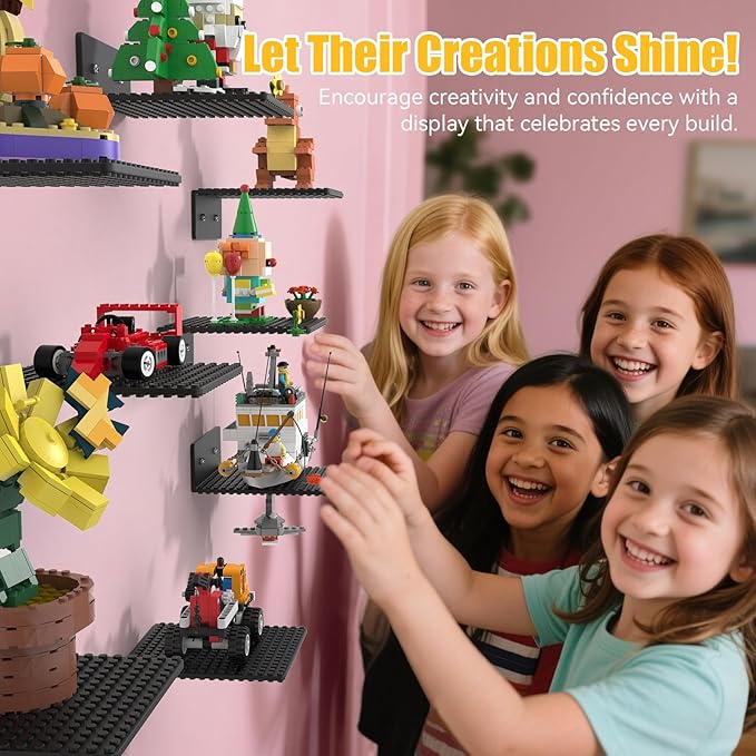 BlissBox 12-Pack Floating Shelves for Wall Compatible with Lego Building Bricks, 5x5.5inch Dual‑Sided 16x17 Studs for Toy Brick Storage and Display, ABS Display Shelves for Room Decor, Black