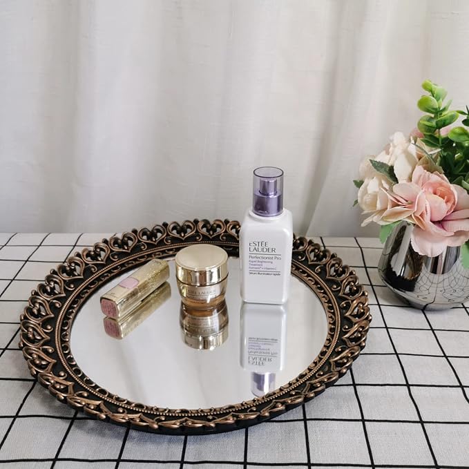 YANIZU Decorative Mirror Tray, Round Hollowed Out Design, Organizer for Makeup, Jewelry, Perfume, Vintage Display and Serving Tray for Dresser, Counter and Coffee Table, 12"X 12", Black