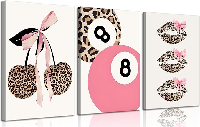 Trendy Pink Leopard Bow Canvas Wall Art Set of 3 Funky Cherry Lucky 8 Ball Posters Prints Cute Coquette Preppy Room Aesthetic Wall Decor Pictures for Girls Bedroom Apartment Dorm 12x16in