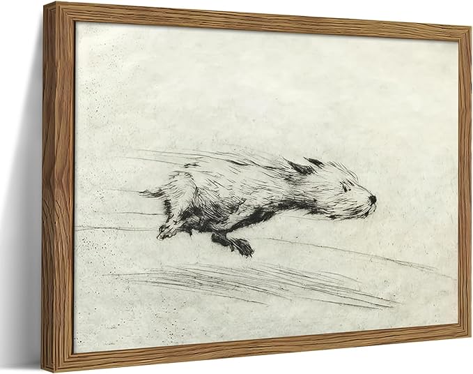 Framed Dog with Zoomies Canvas Wall Art, Vintage Dog Flight Poster Print, Sketch Running Little Pictures Decor, Black and White Silly Wall Decor for Living Room Bedroom – 12x16 inch