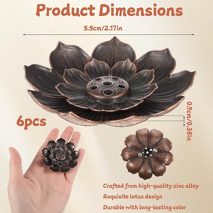6 Pcs Incense Holder for Sticks, Lotus Insense Burner Holders with 6 Holes, Copper Lotus Incense Stick Holders for Home Fragrance Meditation Yoga Sauna SPA