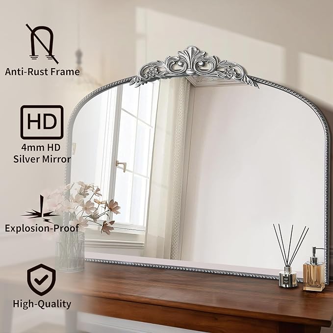 Micasso Antique Wall Silver Mirror: 40" x 29" French Baroque Vintage Mirror - Traditional Ornate Decorative Arched Mirrors for Wall/Bathroom/Entryway/Fireplace/Hallway - Home Decor for Living Room
