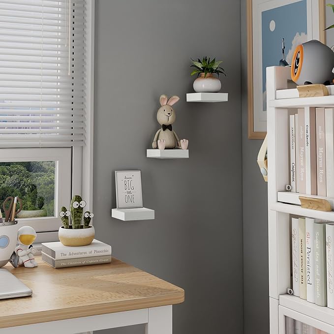 PopiShelves Small Floating Shelves for Wall - 4 Inch Mini Square White Shelves for Bedroom, Living Room, Bathroom, Kitchen, Office Decor Set of 3