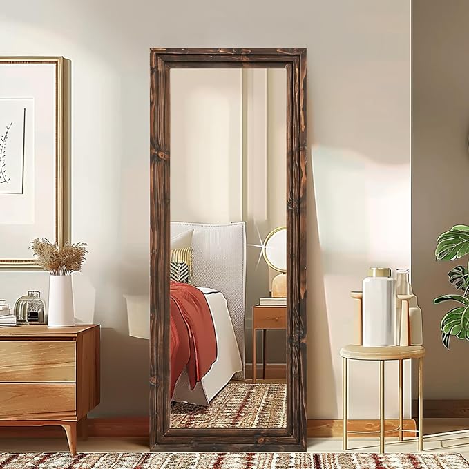 Full Length Mirror 58"x22" Solid Wood Frame Floor Large Mirror for Living Room, Bedroom Hanging or Leaning Wall-Mounted, Brown