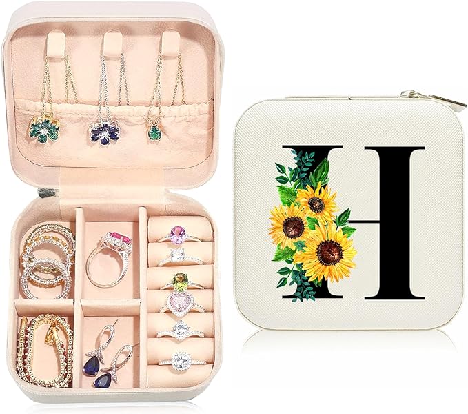 Sunflower Jewelry Case,Sunflower Gifts for Women,Initial H Travel Jewelry Box,Valentine's Day Gift Easter Personalized Gifts for Teen,Mom,Wife,Bridesmaids,21st Birthday Gift for Her