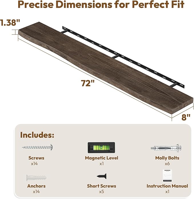 Vivelove Live Edge Floating Shelves for Wall Solid Elm Wood, Rustic Farmhouse Wall Shelf with Invisible Bracket for Living Room Bedroom Bathroom Office Book, 72 Inches - Set of 1 - Dark Walnut