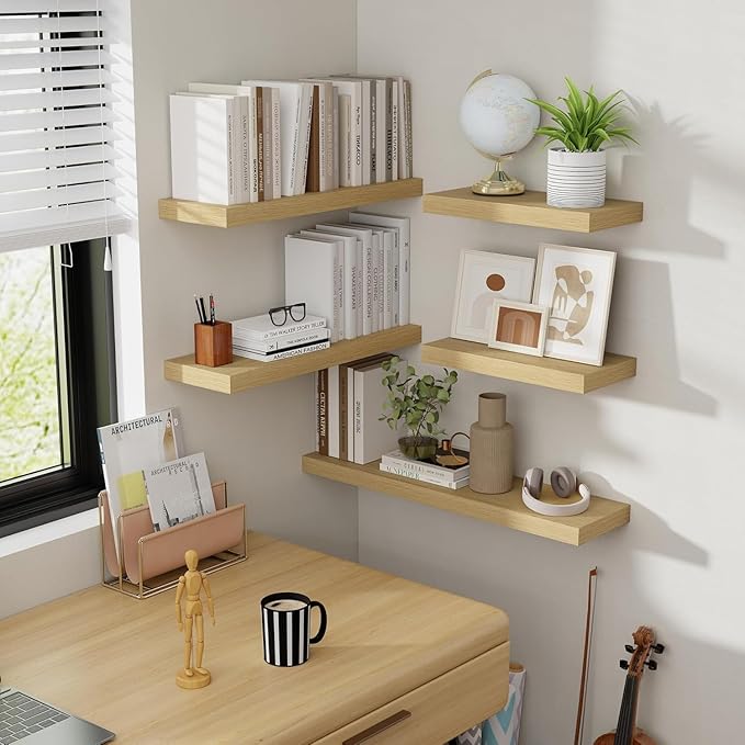 Acovy 55 Inch Floating Shelves, 8 Inch Deep Floating Shelves for Wall, Hanging Shelf with Invisible Brackets, Deep Shelves for Bathroom, Bedroom, Living Room, Oak, Set of 1