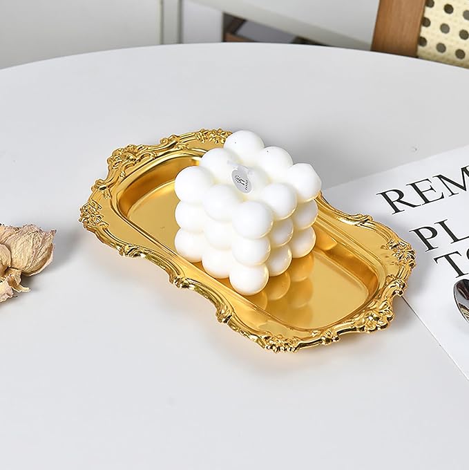 Gold Decorative Tray Vintage Perfume and Makeup Organizer, 7.87” x 4.84” Jewelry Organizer Bathroom Trays Jewelry Display,Vintage Carving Decor Home (Rectangle-Gold)