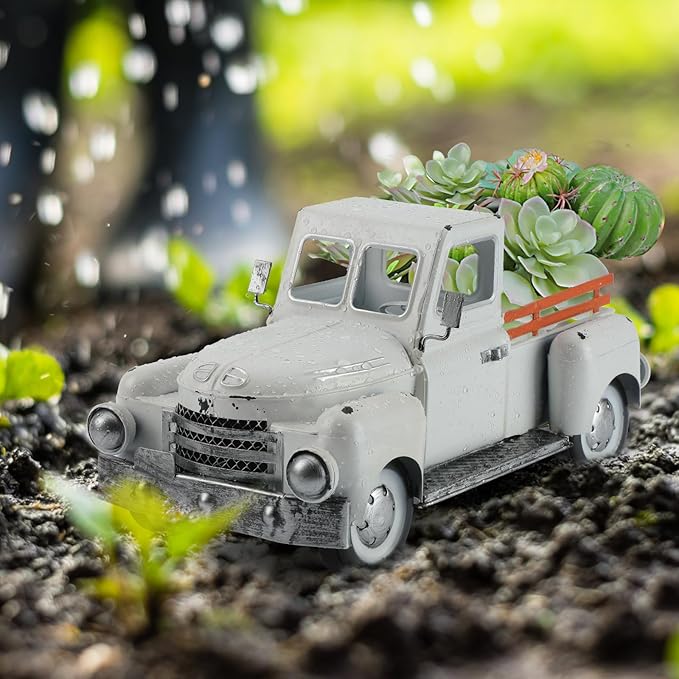 Farmhouse White Truck Decor, Vintage Metal Rustic Outdoor/Indoor Pickup Planter, Decorative Tabletop Storage, Farm Table Car Model Gift