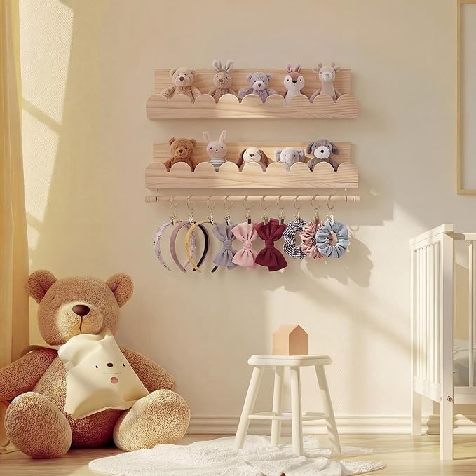 Qunclay 2 Pcs Nursery Floating Shelves Headband and Bow Holder with Rod Wall Mounted Wood Shelves Nursery Decor for Wall Home Organization Kitchen Living Room Bathroom Storage Decor