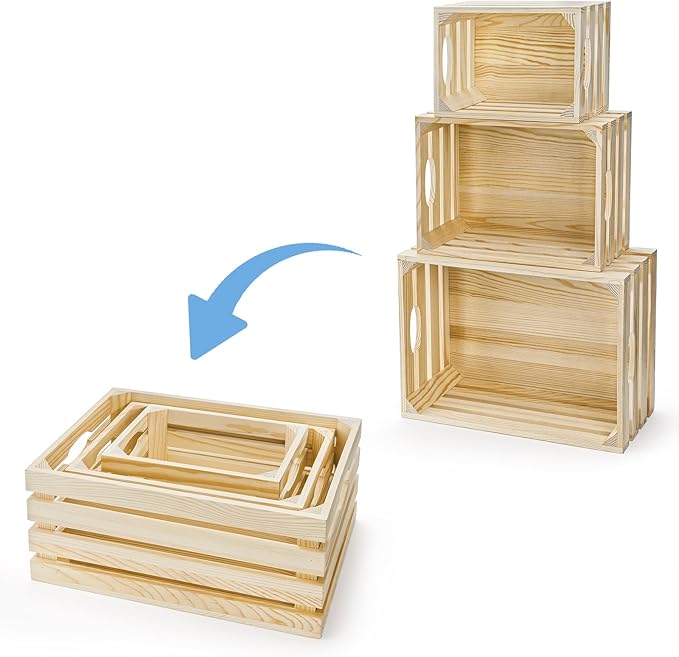 ZENFUN 3 Pack Wooden Nesting Crates with Handles, Decorative Hand Crafted Wood Box Nesting Crate Farmhouse Storage Basket Container for Display and Organization, Home Centerpieces