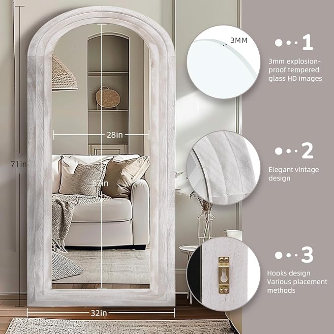 ZHUNFA Arched Full Length Mirror with Solid Wood Frame, 71x32 Farmhouse Wall Mirror Full Length with Stand, Vertical Hanging, Leaning Standing for Bedroom, Living Room, Rustic White