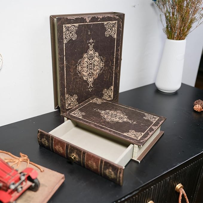Vintage Decorative Book Storage Box with Drawer, Distressed Dark Brown Faux Leather Finish with Ornate Pattern, Hidden Keepsake Case for Desk or Bookshelf Display 9.5″ x 6.7″ x 2″