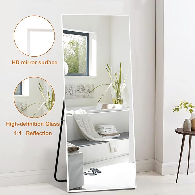NeuType Full Length Mirror, 55"x16" Full Body Mirror with Stand Floor Mirror Full Length Standing Mirror Wall-Mounted Mirror Hanging or Leaning Against Wall Aluminum Alloy Thin Frame (White)