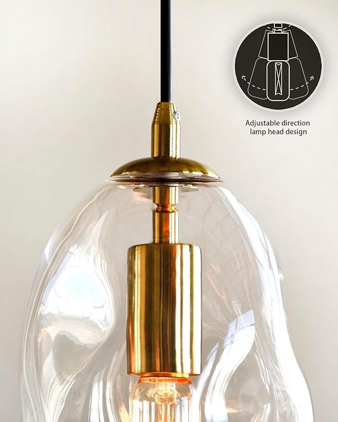 CASAMOTION Large Pendant Lights Modern Kitchen Island Lighting Blown Art Glass Gold and Clear Hanging Light for Dining Table Foyer Bedroom Entryway Hallway Lamp 12" Inch 1 Pack