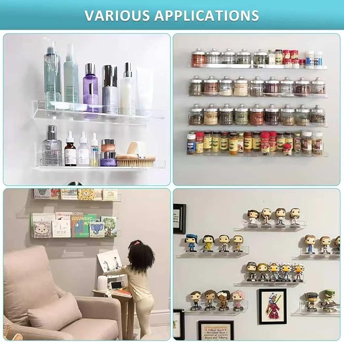 Albumgit 6 Pack Acrylic Shelves for Wall Storage, Self-Adhesive 15" Clear Floating Shelf for Figures, Photo, Makeup, Book, Wall Mounted Shelves for Bathroom, Living Room, Bedroom, Kitchen