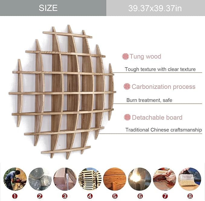 Solid Wood Chinese Tea Cup Holder, Wall Mounted Teapot Display Stand, Wall Decoration Teaware Shelf Storage Rack for Living Room Kitchen Office Commercial (Carbonization Color, 39x39'')