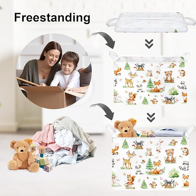 Clastyle Adorable Forest Animal Kids Book Storage Basket Fox Giraffe Clothes Laundry Basket Parents Gift Toy Box for Bedroom Shower, Pine Tree, 40x30x30 cm