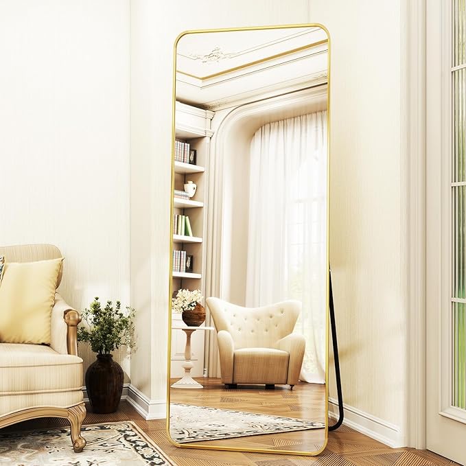 XRAMFY Full Length Mirror 23"x66", Large Floor Mirror with Rectangle Rounded Corners, Gold Aluminum Alloy Frame, Wall Mirror for Full Body
