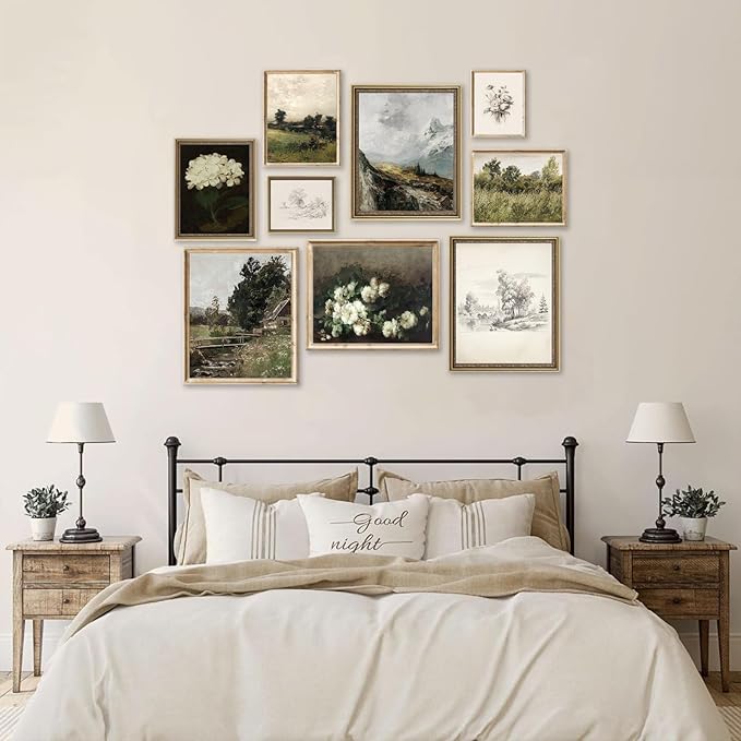 Vintage Wall Art French Country Wall Decor, Vintage Posters for Room Aesthetic Picture, Dark Green Antique European Landscape Flower Meadow Gallery Canvas Art Prints Painting for Bedroom Living Room,