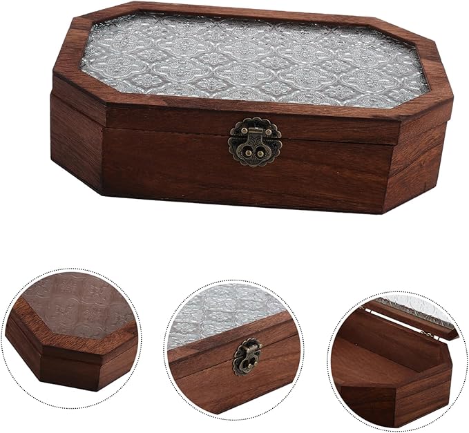 VALICLUD Wooden Decorative Storage Box Vintage Jewelry Box Hinged Lid Makeup Organizer Vanity Decor